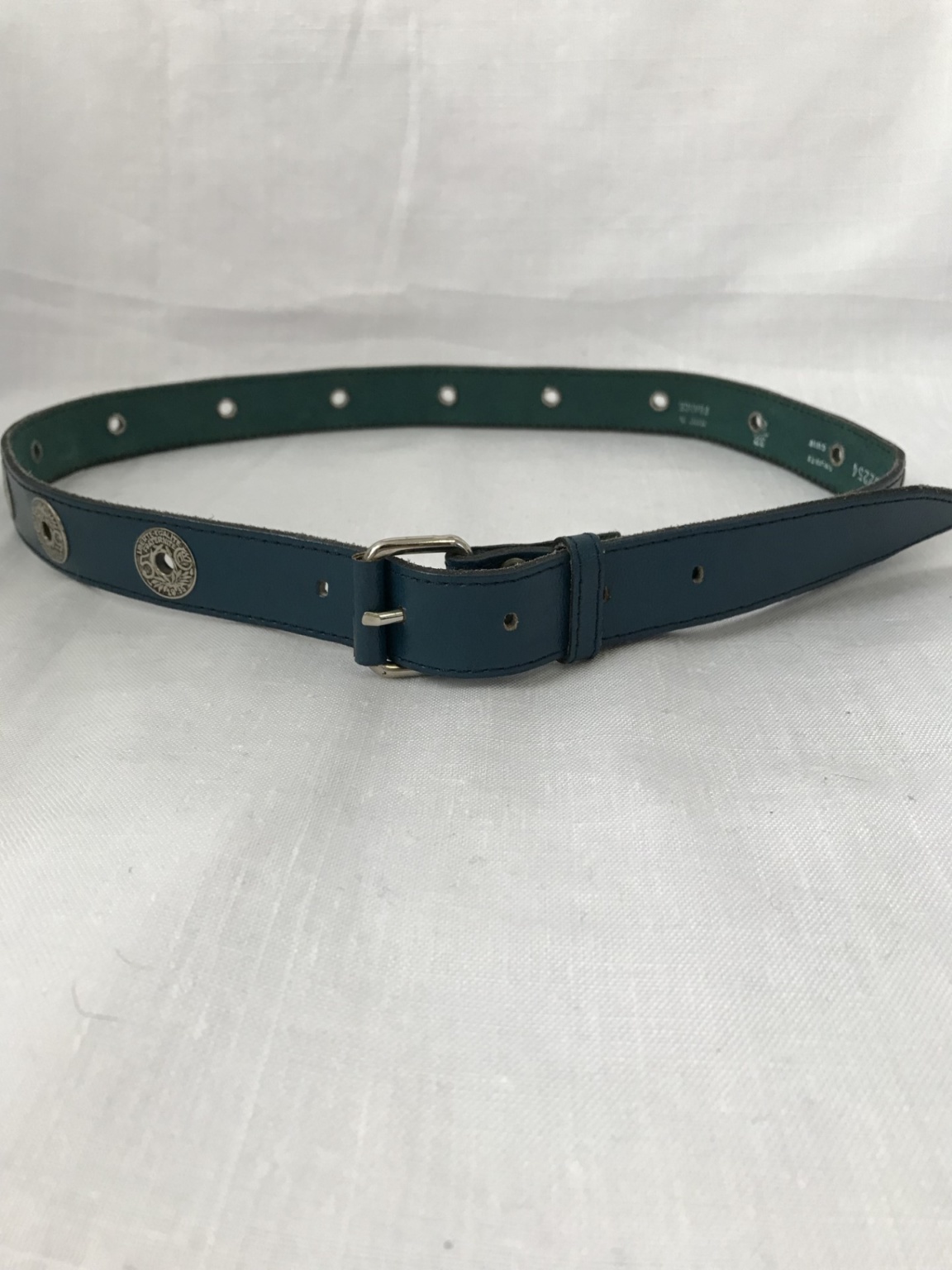 Ceinture Cuir Bleu Grass Avec Boucle Assortie, Coupe à La Taille, Neuve